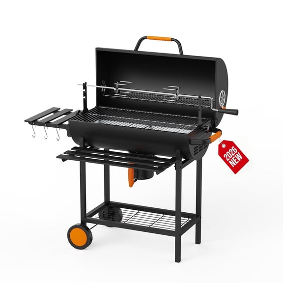 KEYO GRILL 28" Large Charcoal Grill with Rotisserie & Removable Ashtray, Foldable Table for Backyard, Black