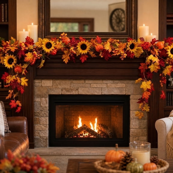 Halloween Party Decorations, Artificial Maple Leaf Garland with Sunflowers Pumpkins Berries, Indoor Halloween Decor, Halloween Hanging Decorations, Halloween Pumpkin Decor