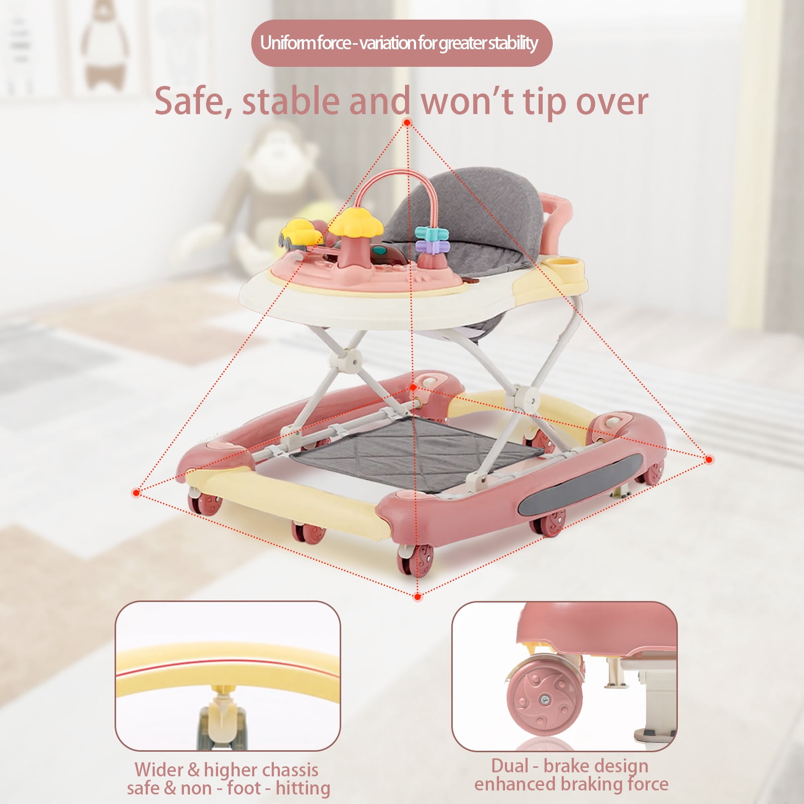 OUYI Foldable Baby Walker for Newborn & Toddler Safe - Sunshade, Foldable for Portability, Pink