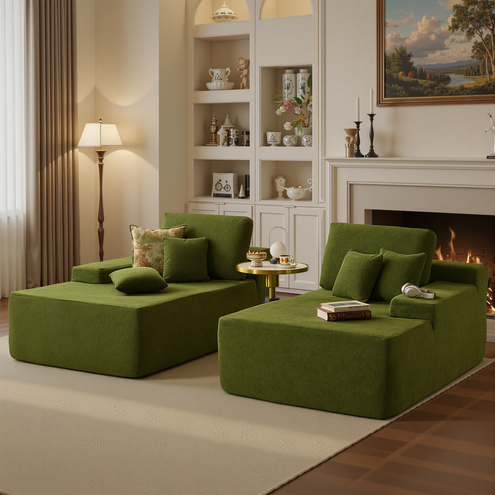 Ovios 74"W Oversized Double Chaise Lounge Chair Deep Seat Cloud Sofa Bed Sleeper Loveseat for Living Room, No Assembly, Green
