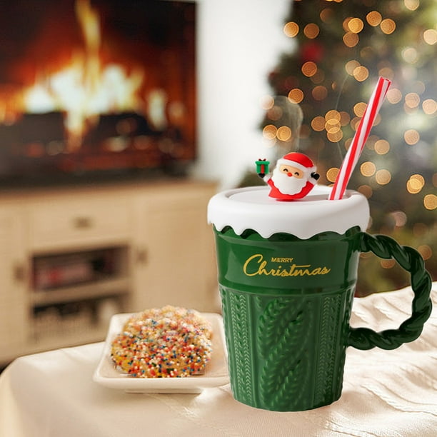 Taza Navideña de Cerámica con Tapa y Pajita | Diseño de Árbol de Navidad | Colores Festivos: Rojo, Verde y Blanco | Estilo Suéter de Cuello Alto | Regalo Navideño para Parejas | Taza de Viaje Resiste