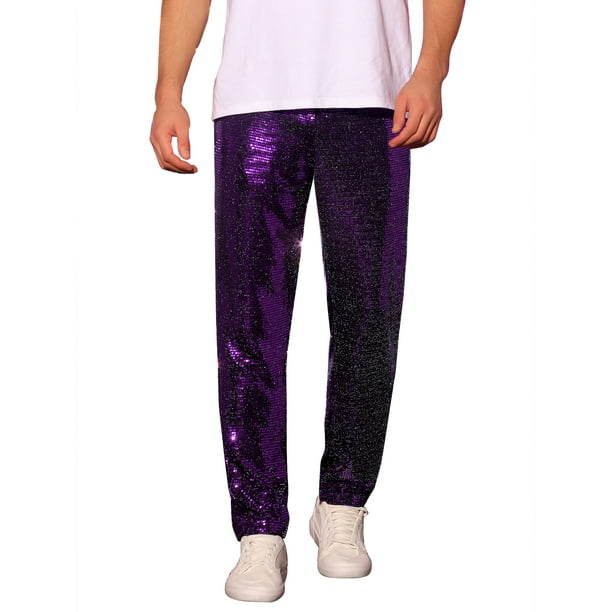 Pantalones de lentejuelas INSPIRE CHIC para hombres, pantalones rectos brillantes para fiestas disco, 34 púrpura