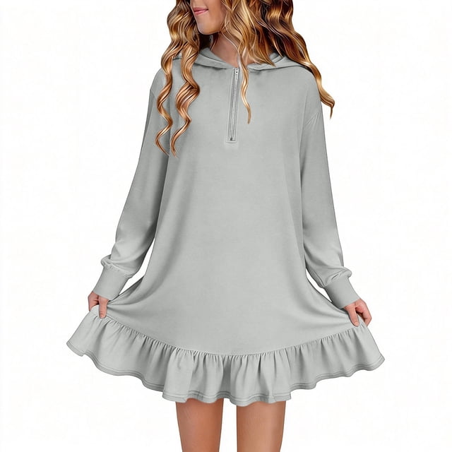 Tauxra Robe à Capuche Unie pour Femmes Robe Décontractée à Manches Longues avec Ourlet à Volants Robe Chandail pour Usage Quotidien
