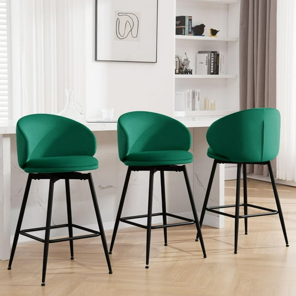 25" Counter Height Swivel Bar Stools, Set of 3, Velvet Upholstered Kitchen Island Stools with Backrest, Modern Bar Chairs, Green