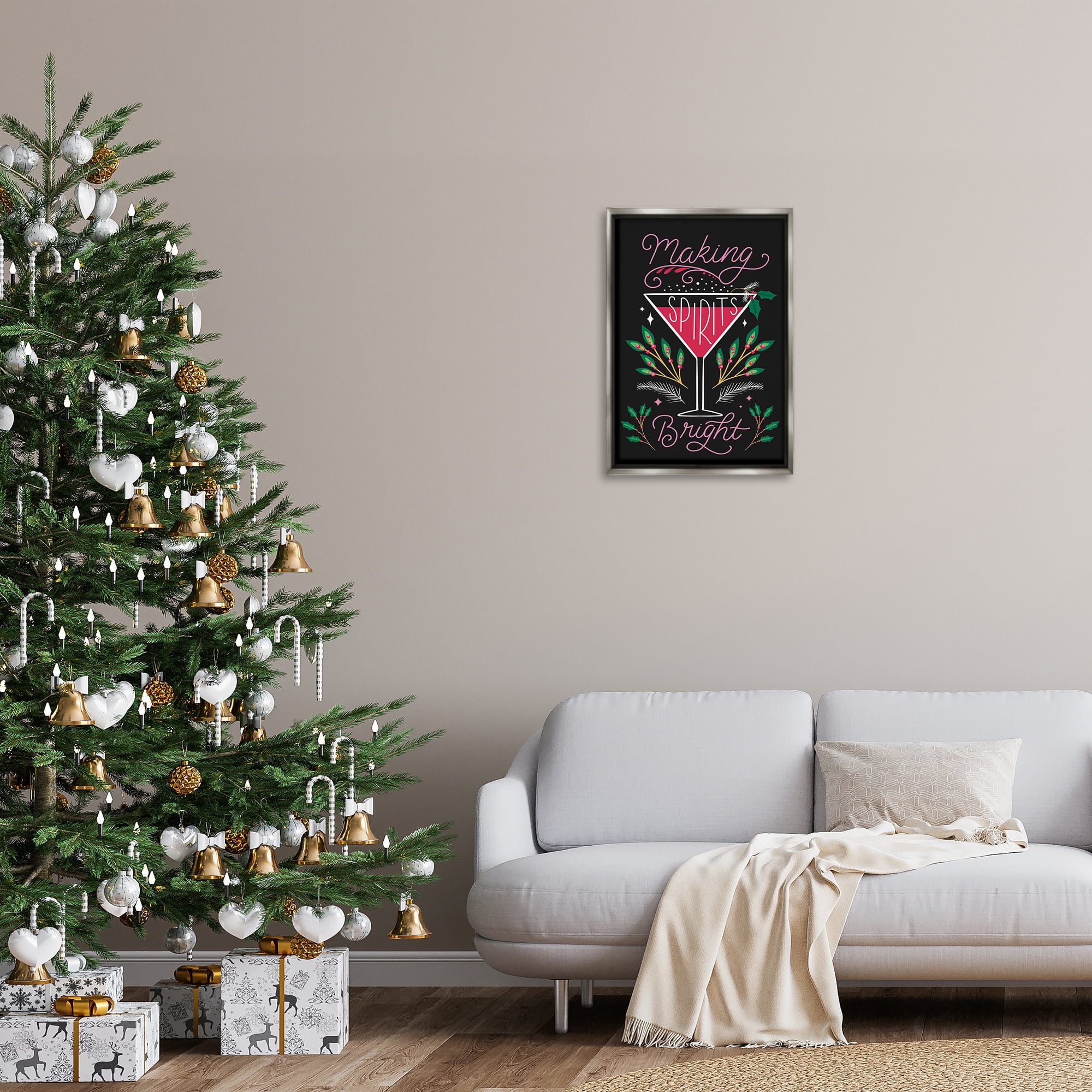 Stupell Industries Making Spirits Bright Martini Holiday Painting Gray Floater Framed Canvas Art Prints Wall Art, 17 x 25