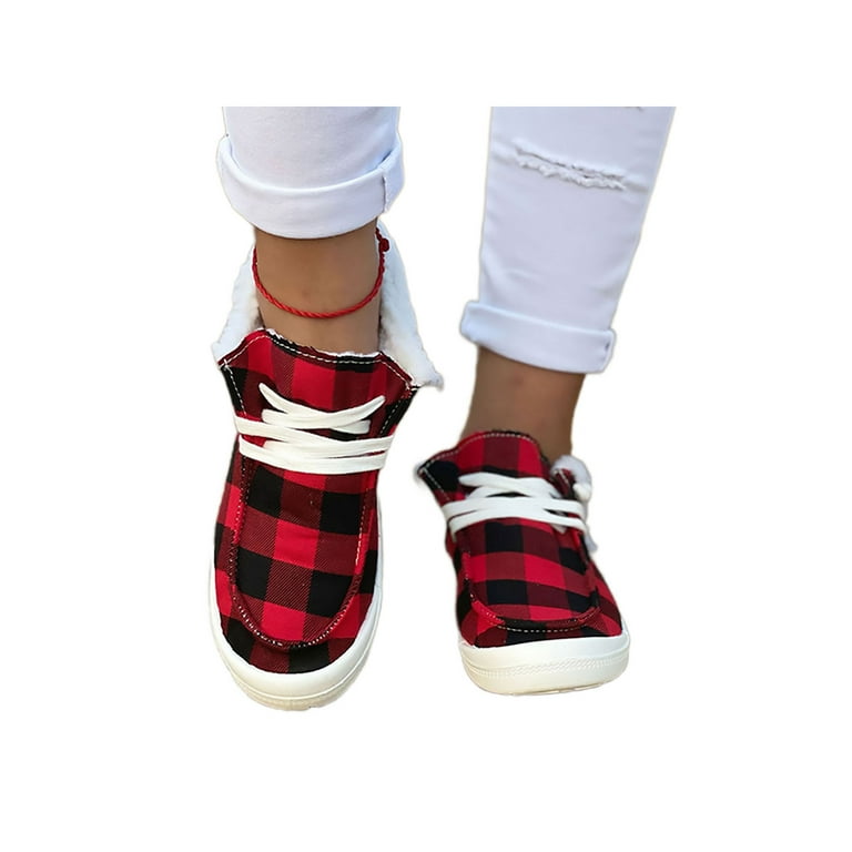 Kesitin Women Lightweight Fuzzy Boat Shoe Driving Breathable Loafers Casual Round Toe Red Plaid Boat Shoes 6.5
