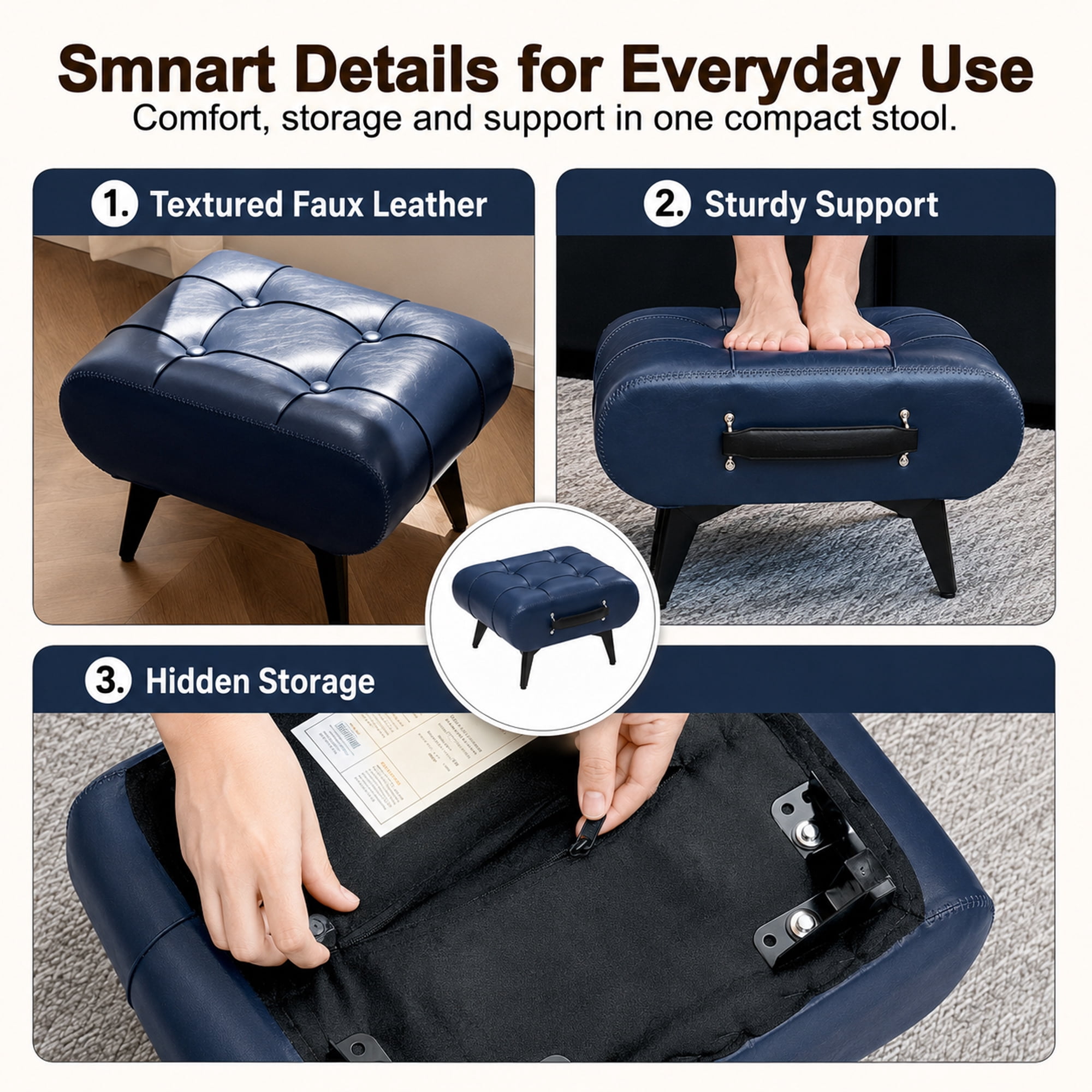 Leumius Modern Leather Stool with Hidden Storage,Portable Handles & Metal Legs,Square Footrest for Living Room,Blue