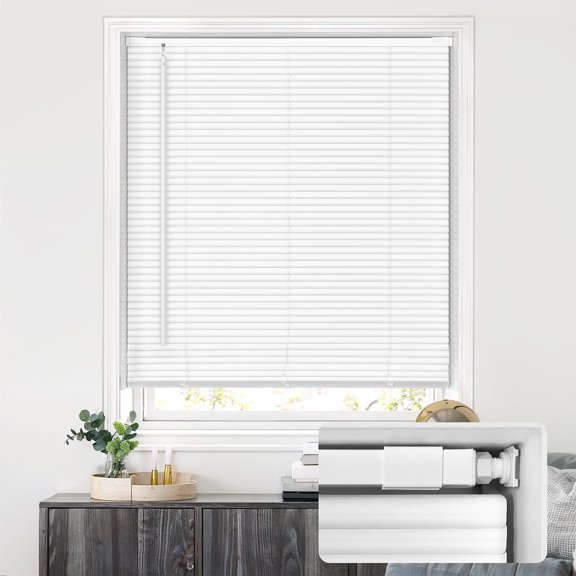 LazBlinds No Tools No Drill Cordless 1" Vinyl Mini Blinds, 100% Privacy S-Curve Blinds for Indoor Windows, Room Darkening Horizontal Window Blinds and Shades for Home, 28" W x 64" H, White