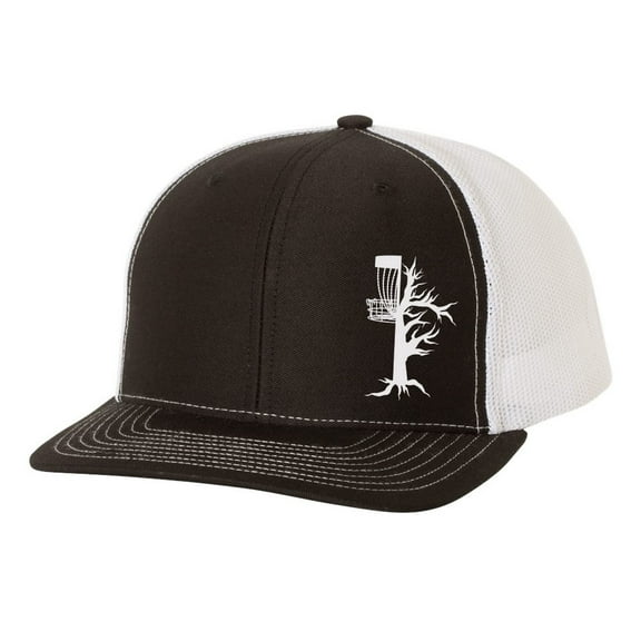 Disk Golf Tree Branch Chain Golfer Mens Embroidered Mesh Back Trucker Hat, Black/White