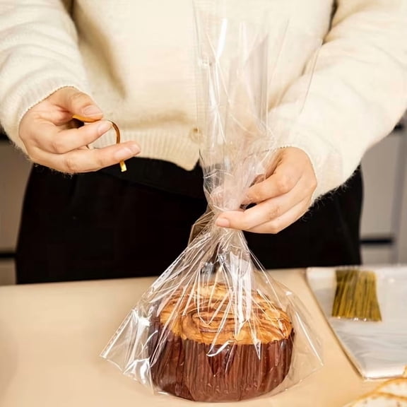 Pack of 50 Transparent Plastic Cellophane Bags with Bottom Gusset and 50 Golden Twist Ties - Ideal for Party Favors, Popcorn, Bakery Items, and Gift Wrapping
