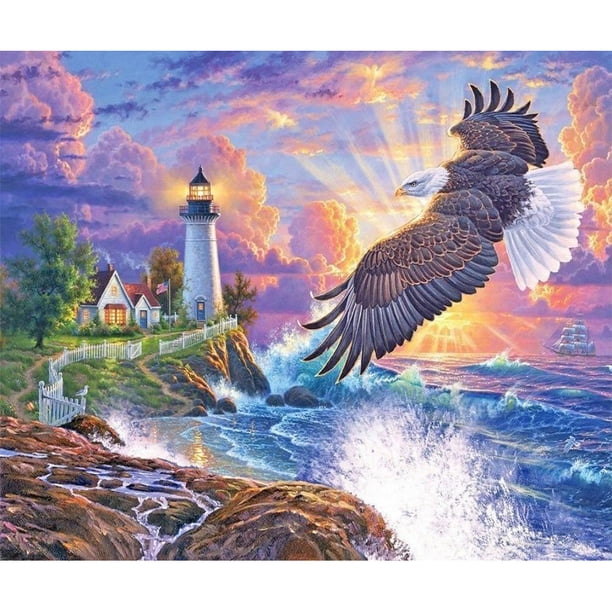 Cuadros Decorativos Taladro redondo completo, pintura de diamantes, paisaje de faro junto al mar, dibujo de mosaico Sywqhk Nuevos Originales