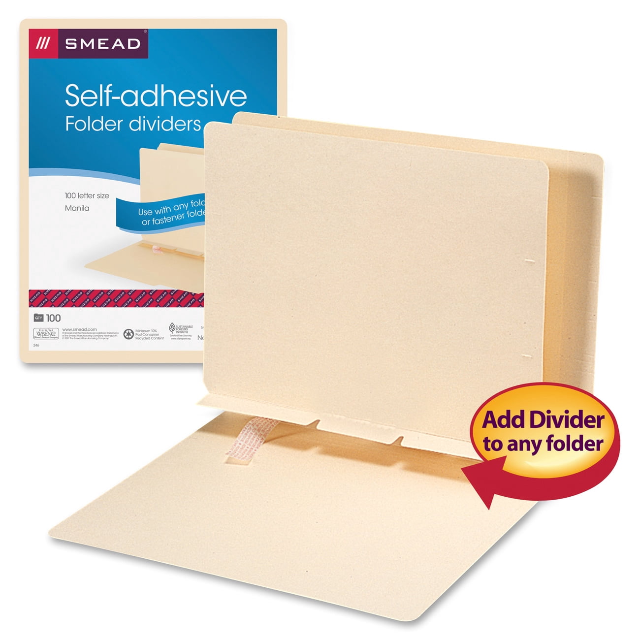 Smead 68021 Self-Adhesive Prepunched Folder Dividers with 1 Fastener - Letter, Manila (100/Box)