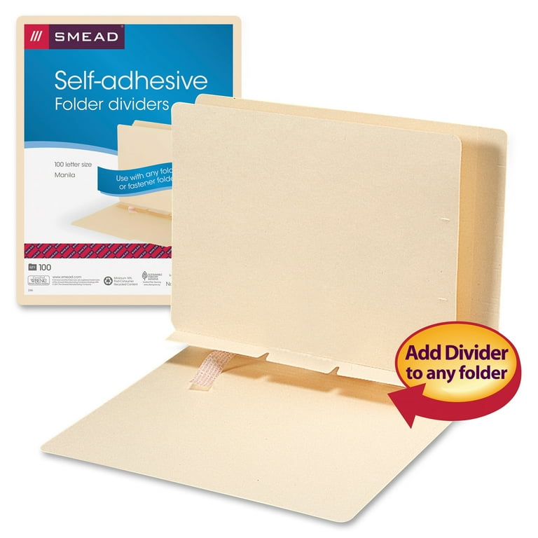 Self-Adhesive Folder Dividers for Top/End Tab Folders, Prepunched for Fasteners, 1 Fastener, Letter Size, Manila, 100/Box