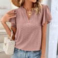 thumbnail image 2 of Blusa de manga con volantes huecos Escote en V Blusa de manga corta de color liso Top para mujer Lady Girl Pasta de frijol Rosa M, 2 of 6