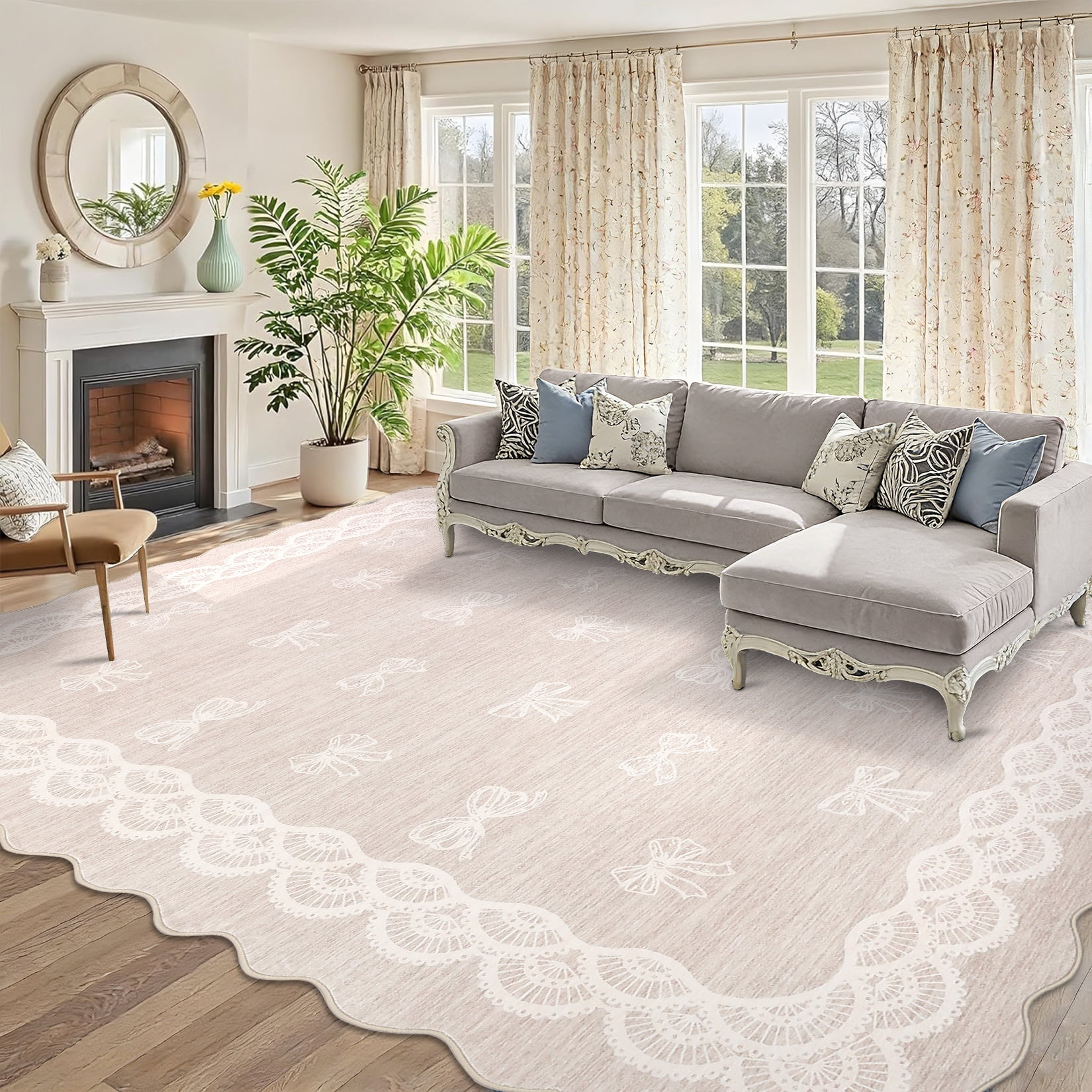 Garvee 9x12 Wave Border Area Rug Coquette Bow Pattern Carpet, Machine Washable Low Pile Rug with Non-Slip Backing for Living Room Bedroom Home Office, Beige