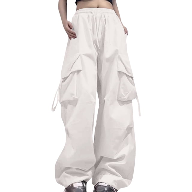 Pantalones cargo holgados de mujer: cintura alta con cremallera, cintura con cordón, bolsillos, tallas grandes, versátiles