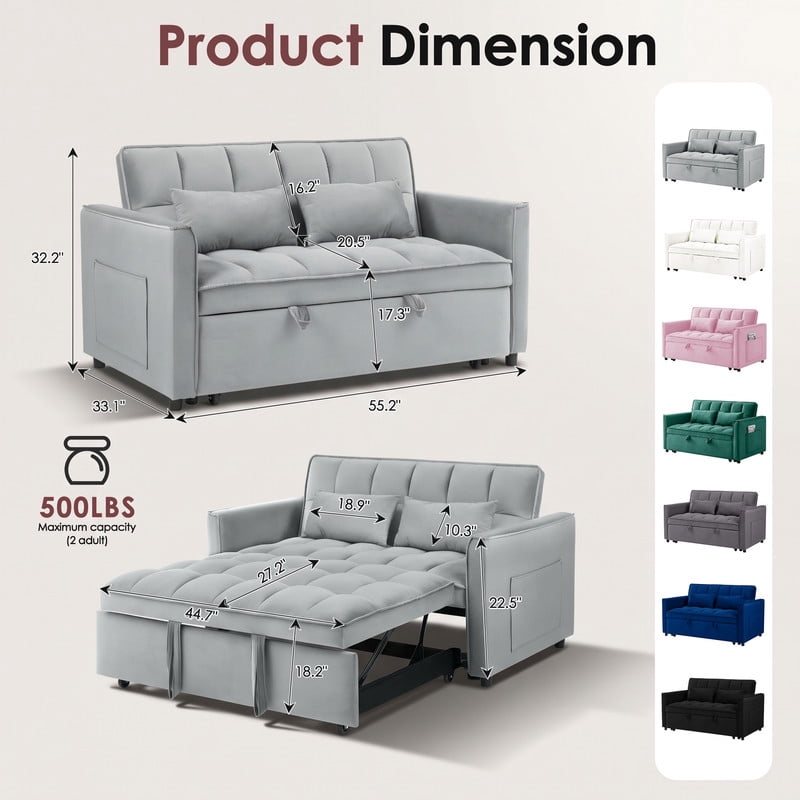 avobird 3 in 1 Convertible Sleeper Futon Sofa Bed, 55" Pull Out Sofa Bed with Storage Pocket/Side Pocket/2 Pillows for Living Room, Gray