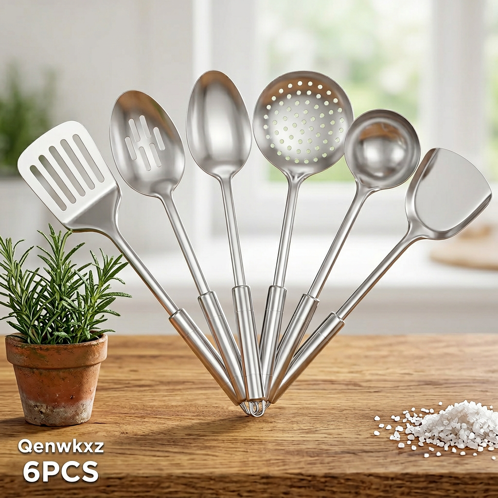Qenwkxz 6PCS Cooking Utensils Set Stainless Steel Kitchen Utensil Set Heat Resistant Wok Utensils Set Versatile Kitchen Cooking Utensils Set for Home Kitchen Cooking Sliver