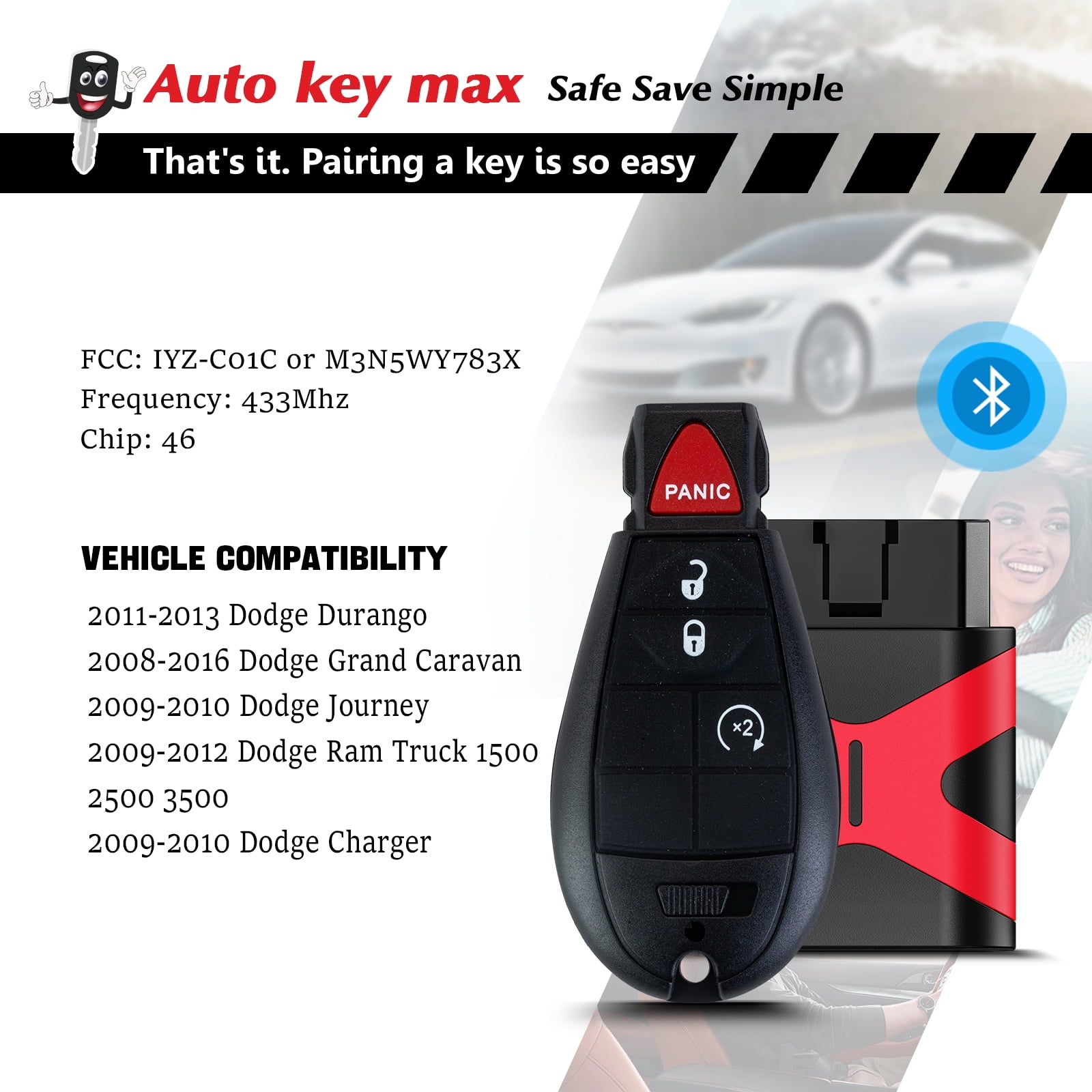Replacement Smart Key Fob with DIY Setup Tool Compatible for 2011-2013 Dodge Durango , 2008-2016 Dodge Grand Caravan, 2009-2010 Dodge Journey/Charger, Keyless Entry Remote FCCID IYZ-C01C