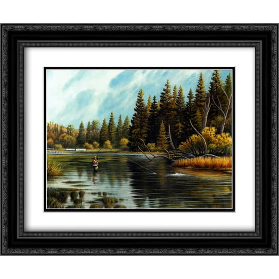 Fly Fishing 2x Matted 20x24 Black Ornate Framed Art Print by Ron Jenkins