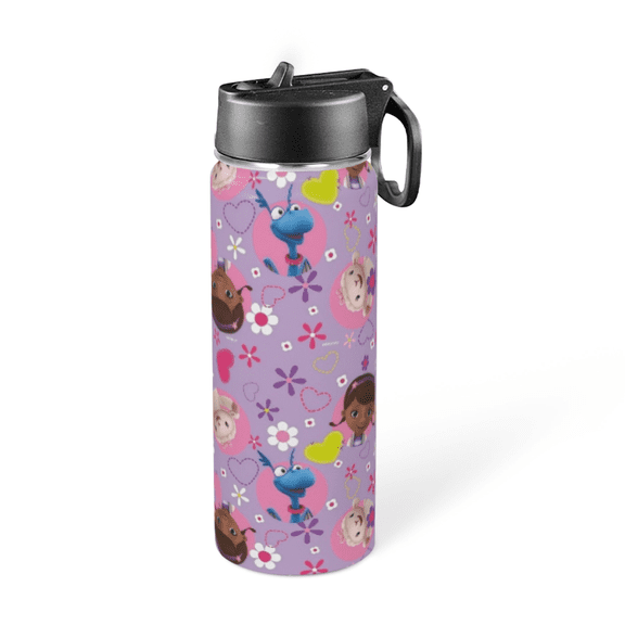Thermos Water Bottle With Straw and Handle for Doc Mcstuffins Insulated Stainless Steel Sports Kettle for Kids Boys Girls Cup For Outdoor 18oz