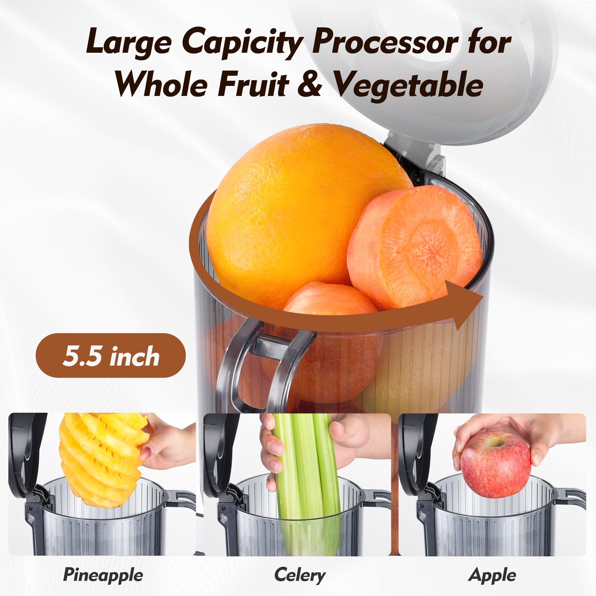 ORMEO HOME Cold Press Juicer Masticating Juicer Machines with 5.5" Large Feed Chute Fit Whole Vegetables & Fruits, with Pulp Seperation 99.6% Juice Purity, Quiet Motor Easy to Clean BPA Free