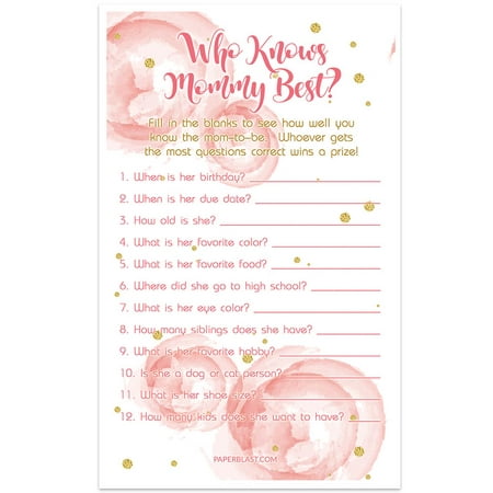Roses and Gold Baby Shower Game - Who Knows Mommy Best - Set of