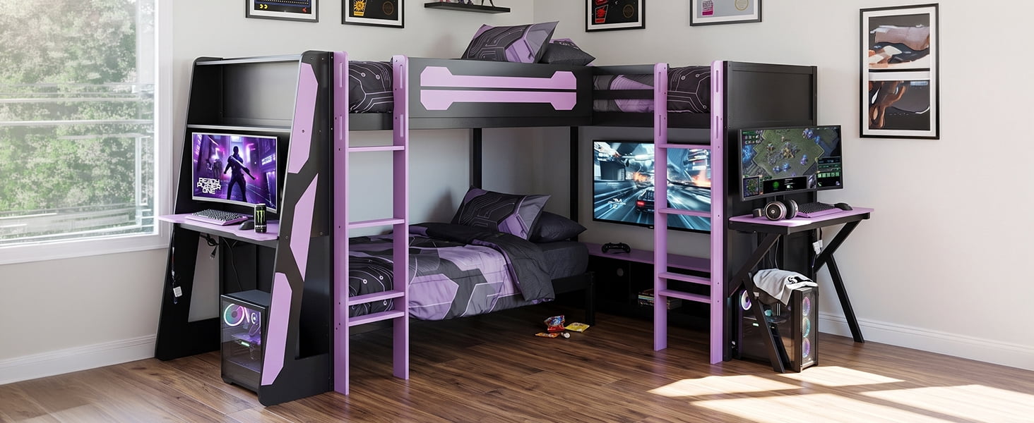 Mintazer L-Shaped Triple Twin Gaming Bunk Bed with 2 Gaming Desks & RGB LED Lights, Triple Bed Frame with USB Charging, TV Stand & Storage Shelves for Bedroom, Black & Red