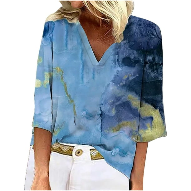 Tops de Mujer Camisas Casuales Blusas Moda Somfortable Cuello en V Manga 3/4 Top Estampado Odeerbi ODB153401