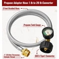 thumbnail image 2 of 3 Feet Propane Adapter Hose with Gauge, 1lb to 20lb Adapter Converts 1lb Appliances to 5-40lb Tanks, Stainless Steel Braided Hose for Blackstone Griddle, Weber Q, Coleman Grill, Buddy Heaters, 2 of 7