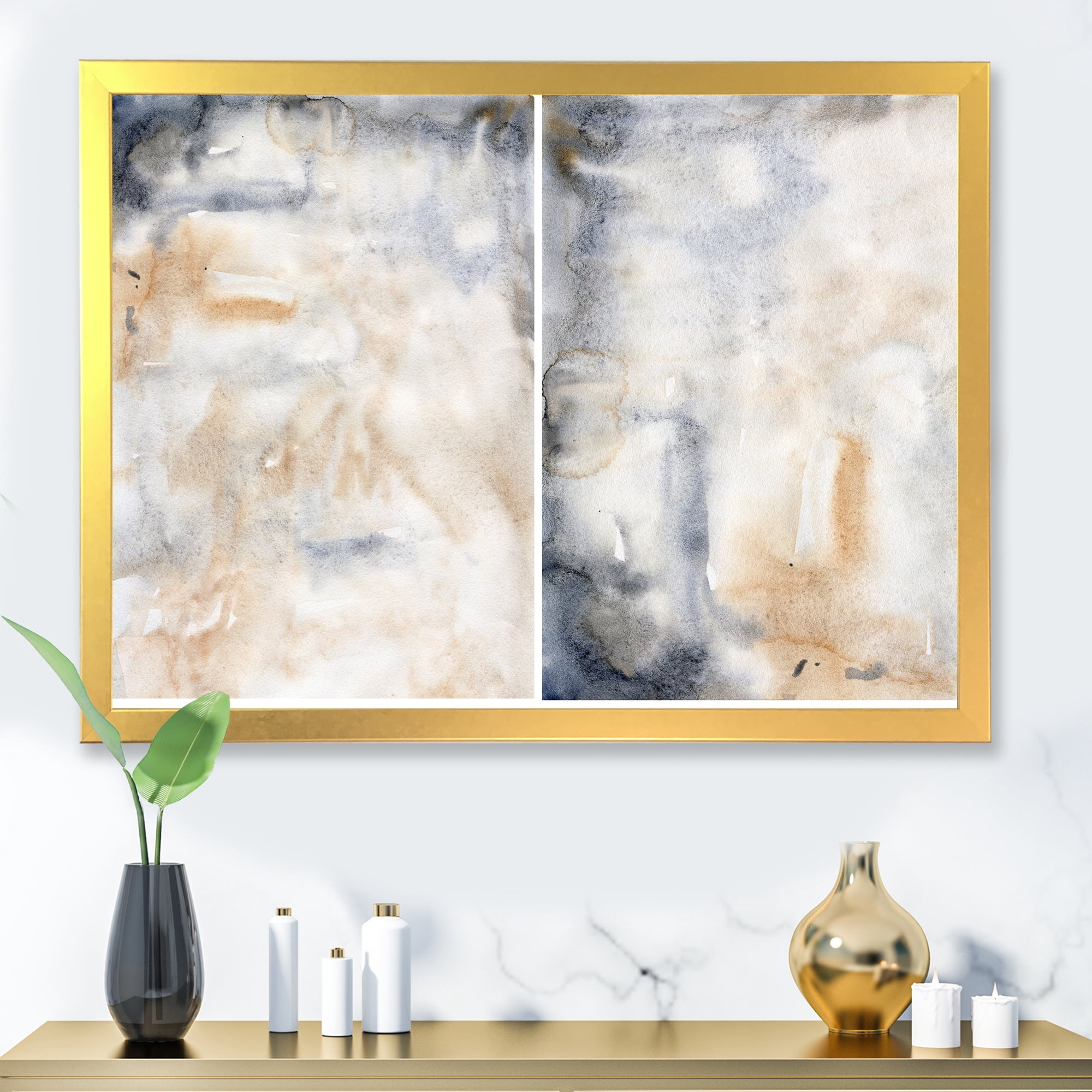 Designart 'Abstract Paste With Dark Blue and Beige' Modern Framed Art Print