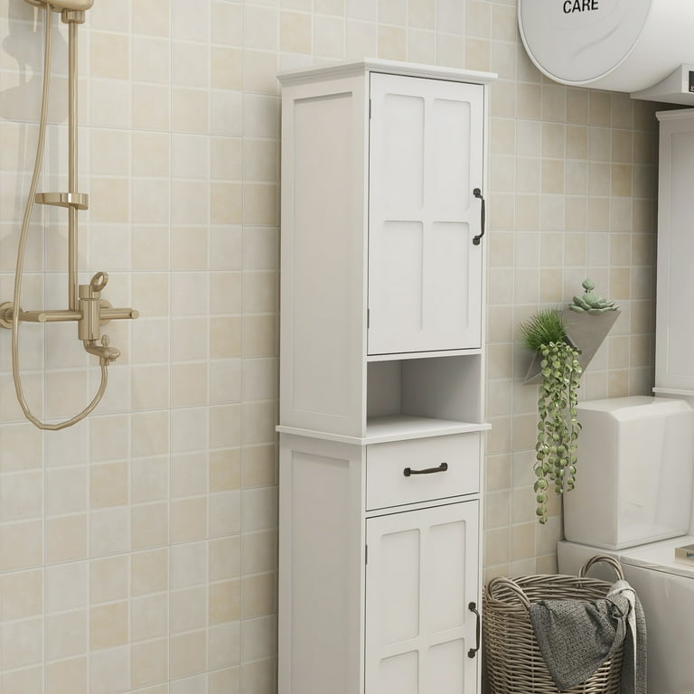 Freestanding Storage Cabinet Double Door Narrow Height Ultra Thin Floor Cabinet with Open Shelves Bathroom Storage Cabinet White
