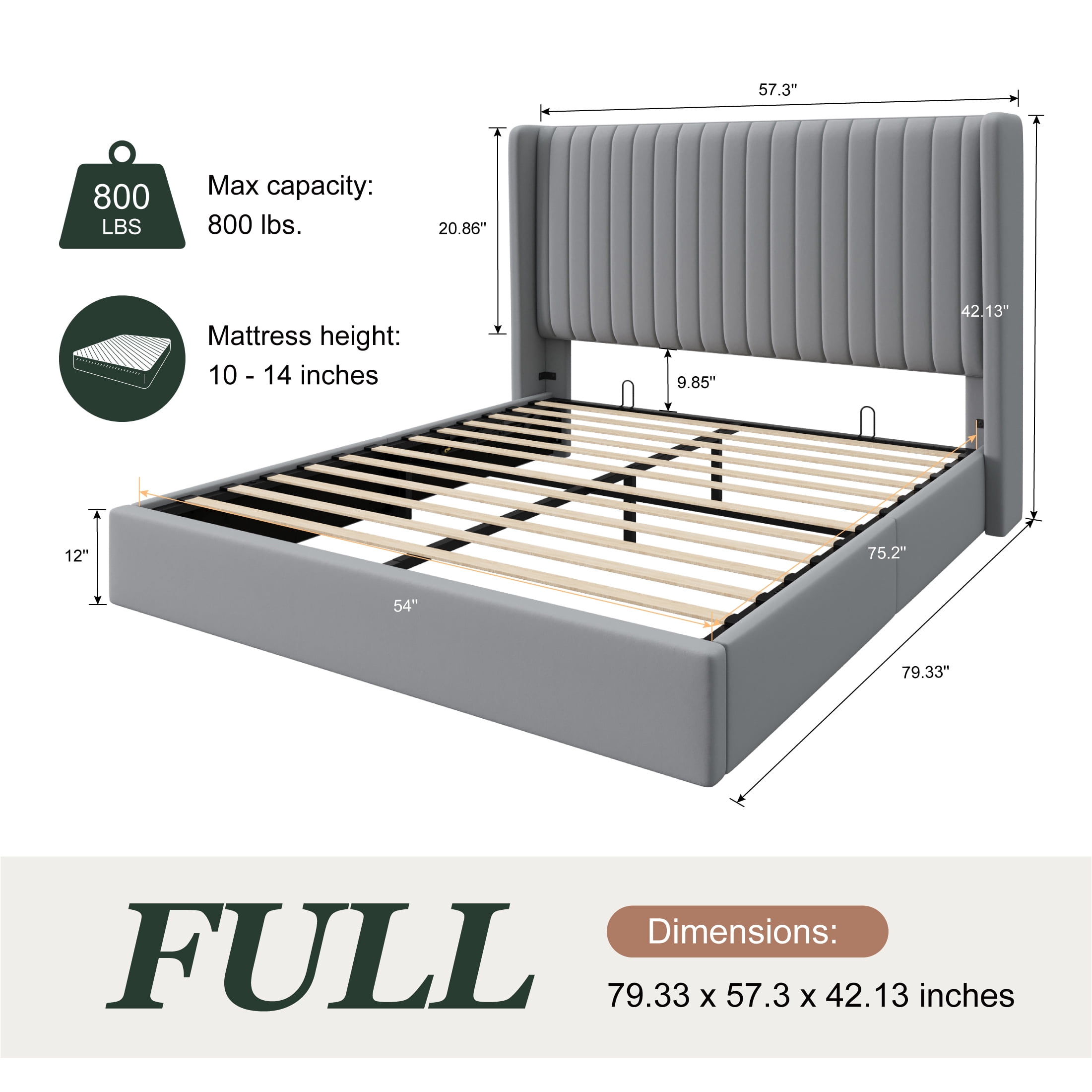 Amolife Full Size Lift Up Hydraulic Storage Bed Frame, Platform Bed with Upholstered Wingback Headboard with Vertical Channel Tufting, Gray