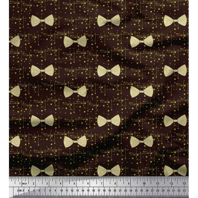 Soimoi Brown Modal Satin Fabric Bow & Dots Printed Craft Fabric by the Yard 42 Inch Wide