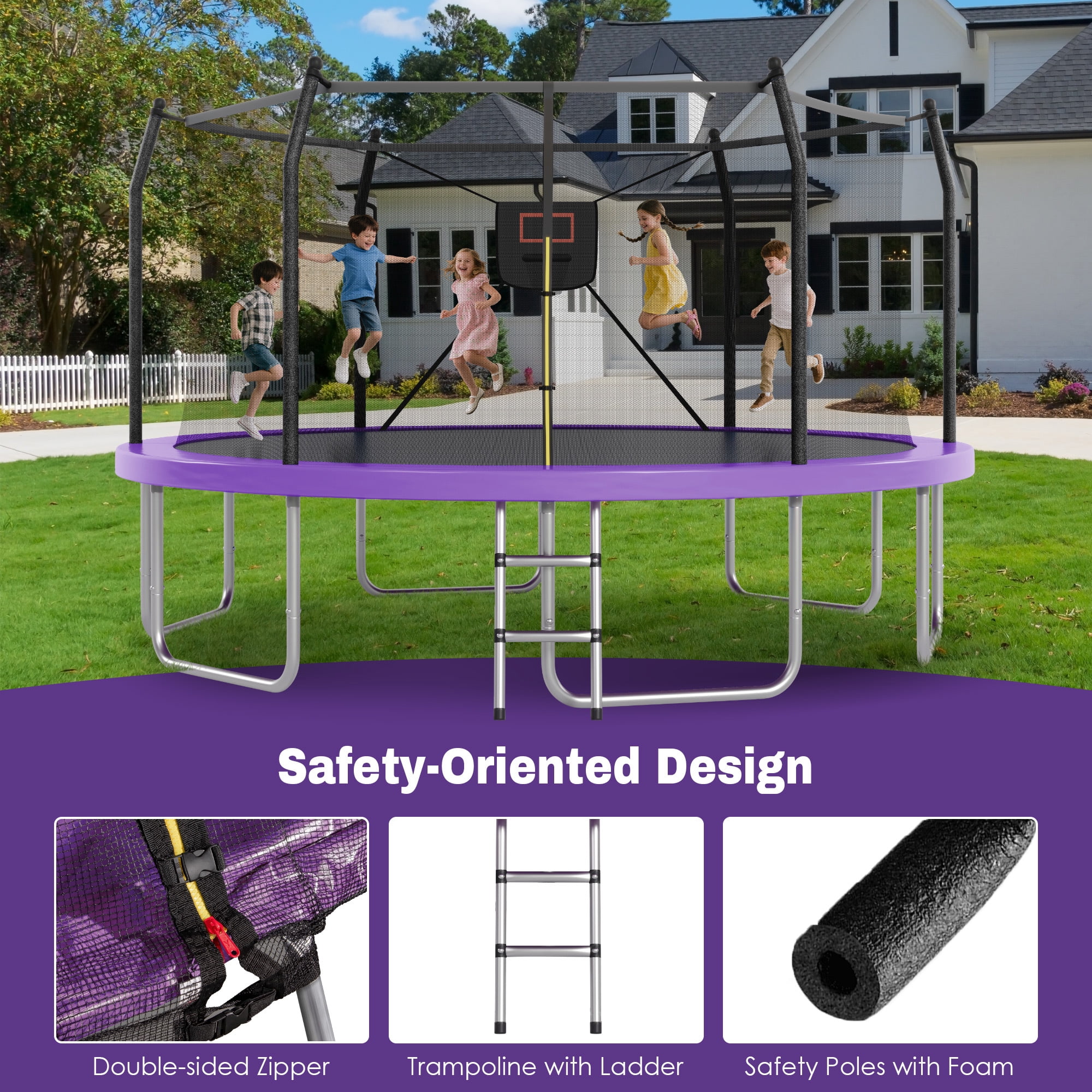 Arspjes 14FT Trampoline with Basketball Hoop and Lights, Outdoor Recreational Trampoine for Kids and Adults,Purple