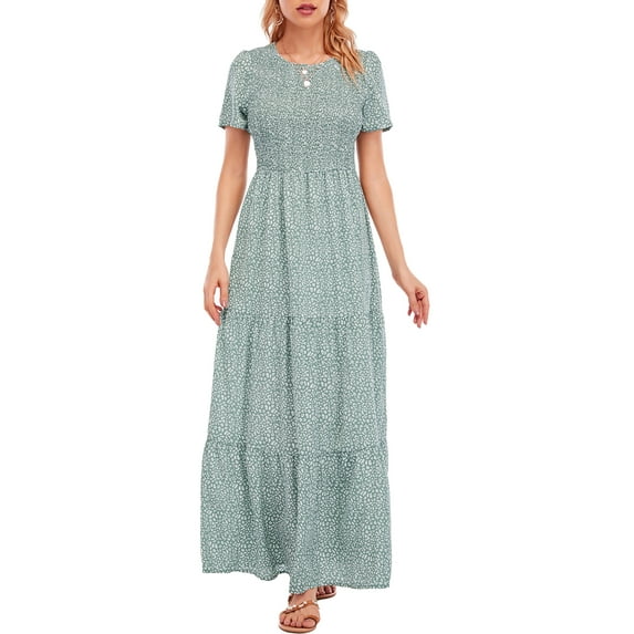 LUSMAY Women's Summer Casual Floral Print Party Wrap Maxi Dresses Short Sleeve A Line Long Tiered Sun dress