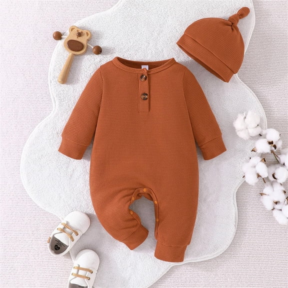1 Years Newborn Baby Boy Girl Fall Outfit Romper Long Sleeve Embroidery Onesie Jumpsuit with Hat Bodysuit Cute Infant Winter Clothes Brown