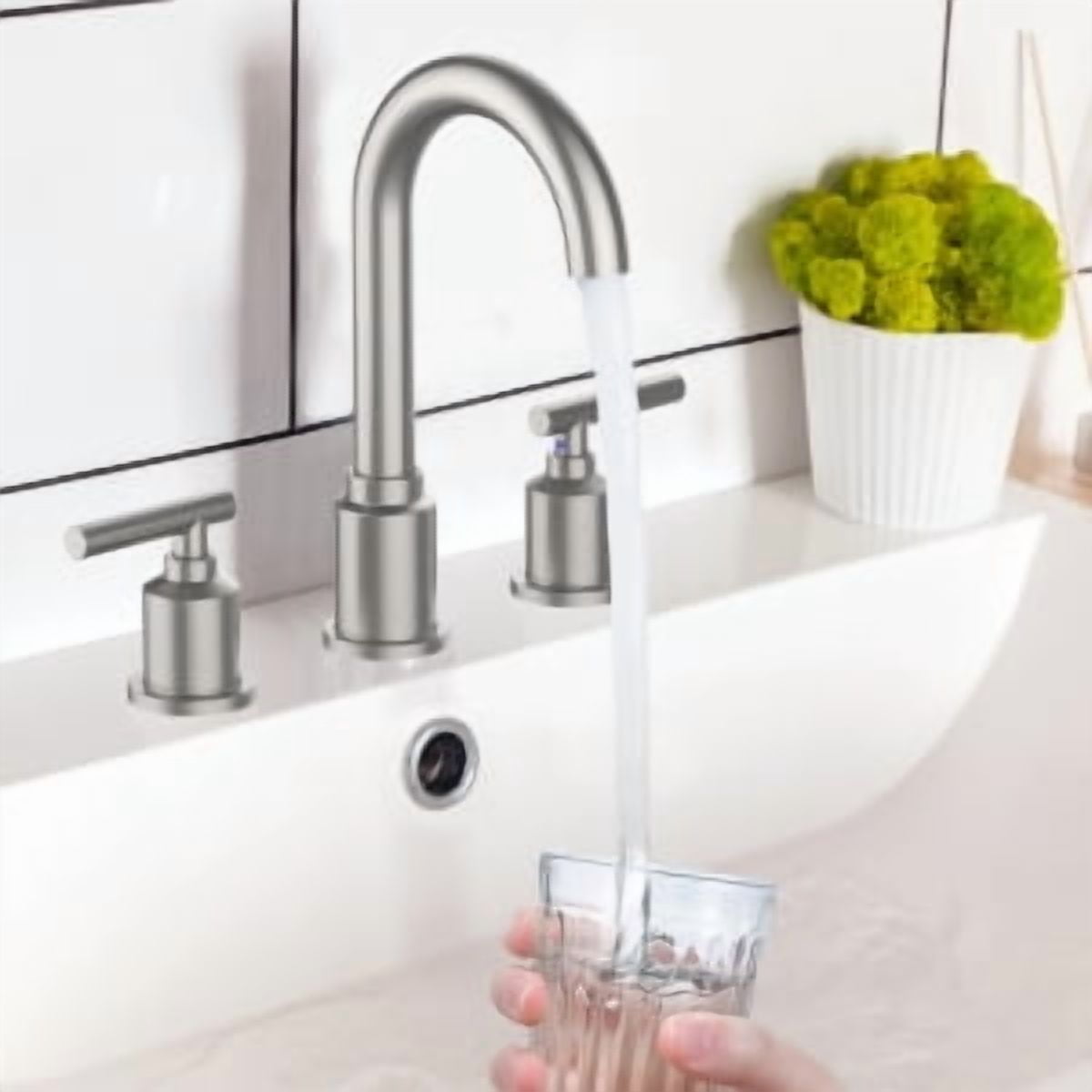 TEQIN Bathroom Faucet,Brushed Nickel Widespread Bathroom Sink Faucet, 8 Inch Bathroom Faucet for Sink,3 Hole with Stainless Steel Drain For RV Restroom Bathroom