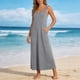 thumbnail image 5 of Vestido de Cuello de Tripulación para las Mujeres Moda Casual Color Sólido sin Mangas Bolsillo Longitud de Tobillo Vestido de Verano Largo para las Mujeres, 5 of 6