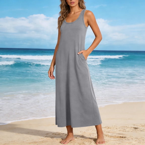 qolati Summer Dresses for Women Casual Sleeveless Easter Boho Long Maxi Dresses Scoop Neck Tank Beach Sundresses with Pockets, S-2XL