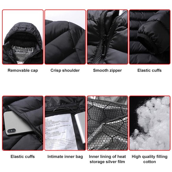 Heated Jacket Electric Heating Jacket Lightweight Heating Down Coat Heated Jacket Hooded Detachable Electric Heating Jacket 3 Speed Temperature Control 11 Heating Zone Lightweight