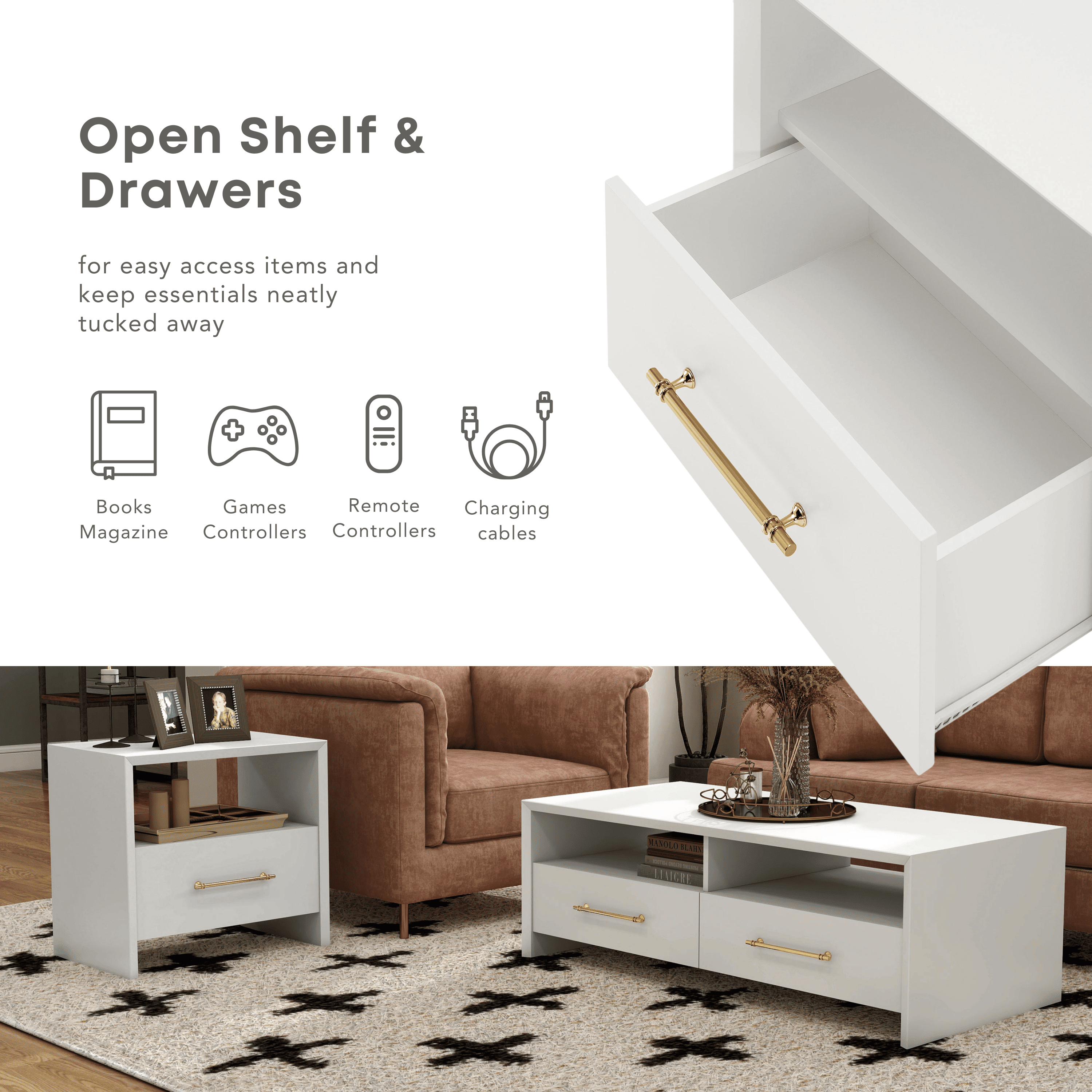 Furniture of America Elvora Modern Wood 2-Drawer and 2-Shelf Coffee Table, White