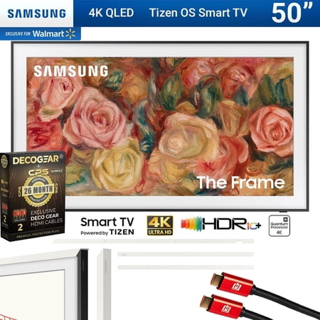 Samsung QN50LS03DA 50 inch The Frame QLED 4K Smart TV 2024 with Customizable Modern White Bezel Bundle + Deco Gear 4K HDMI 2.0 Cable x2 & CPS Exclusive 26 Month Protection
