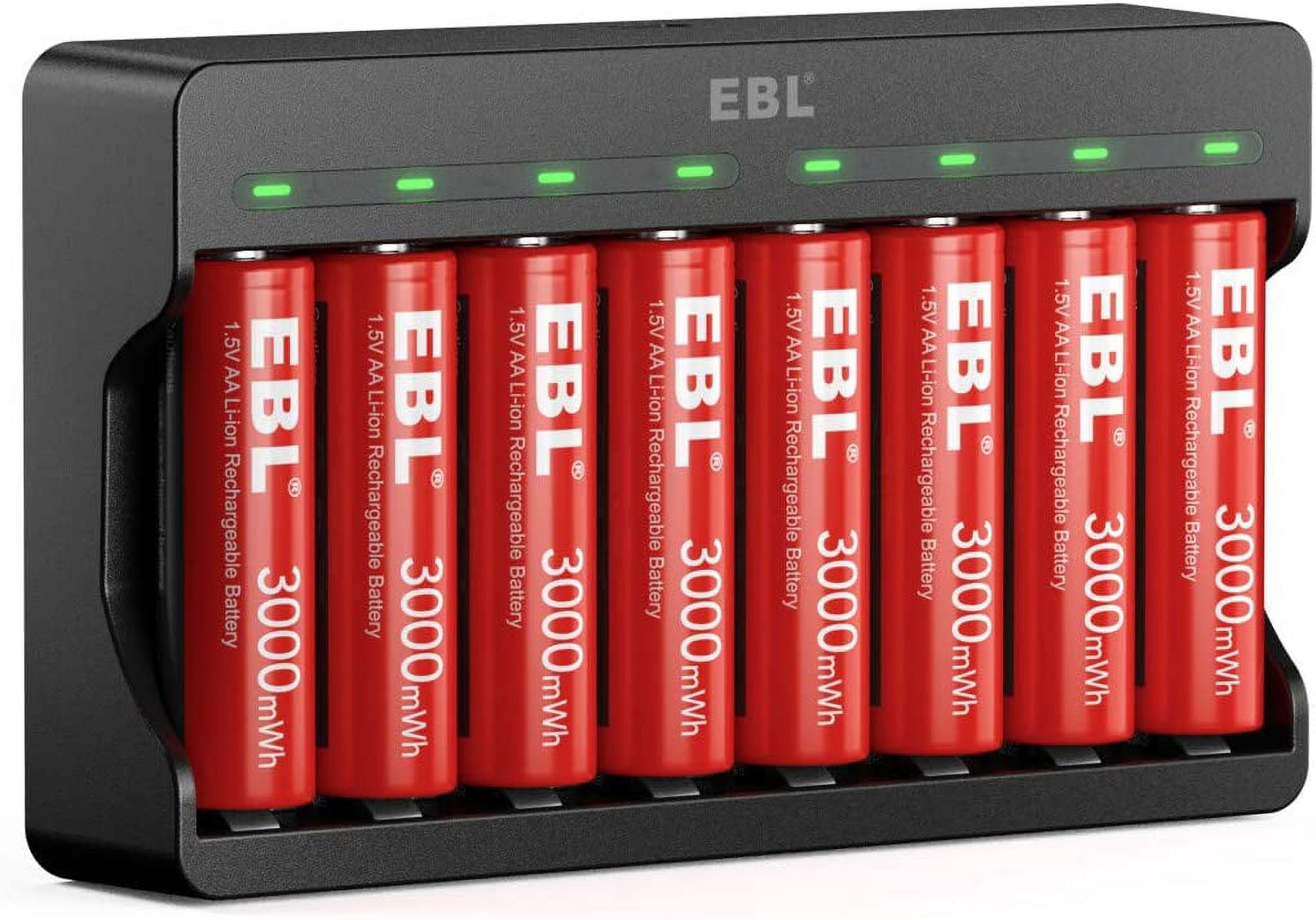 EBL Rechargeable Lithium AA Battery with Smart Battery Charger for Rechargeable Lithium Batteries (Charger+Batteries 8 Pack)