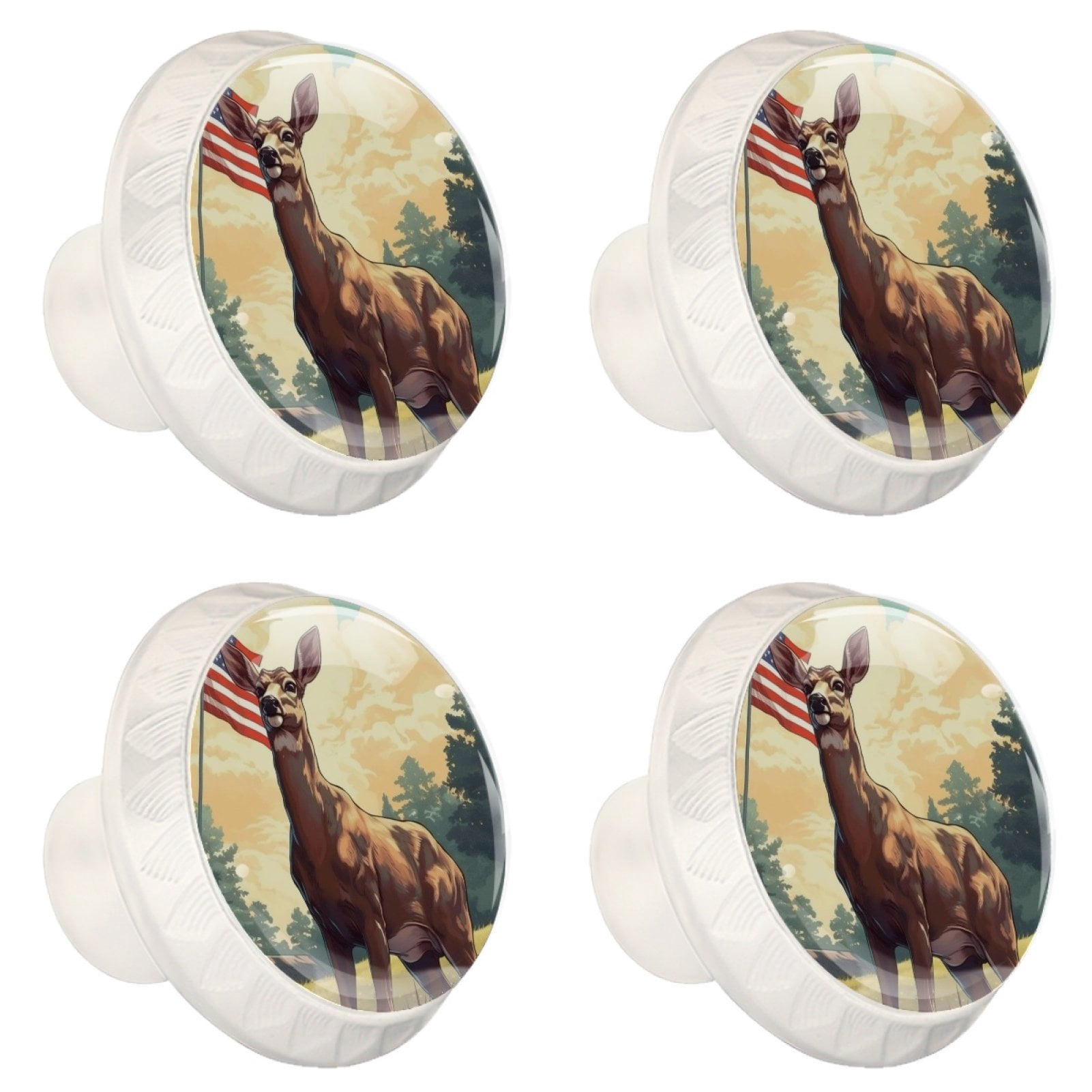 4 Pcs Deer and American Flag Knobs for Kitchen Cabinet Cupboard Dresser Bookcase Drawer Pulls Handles Round Home Decor