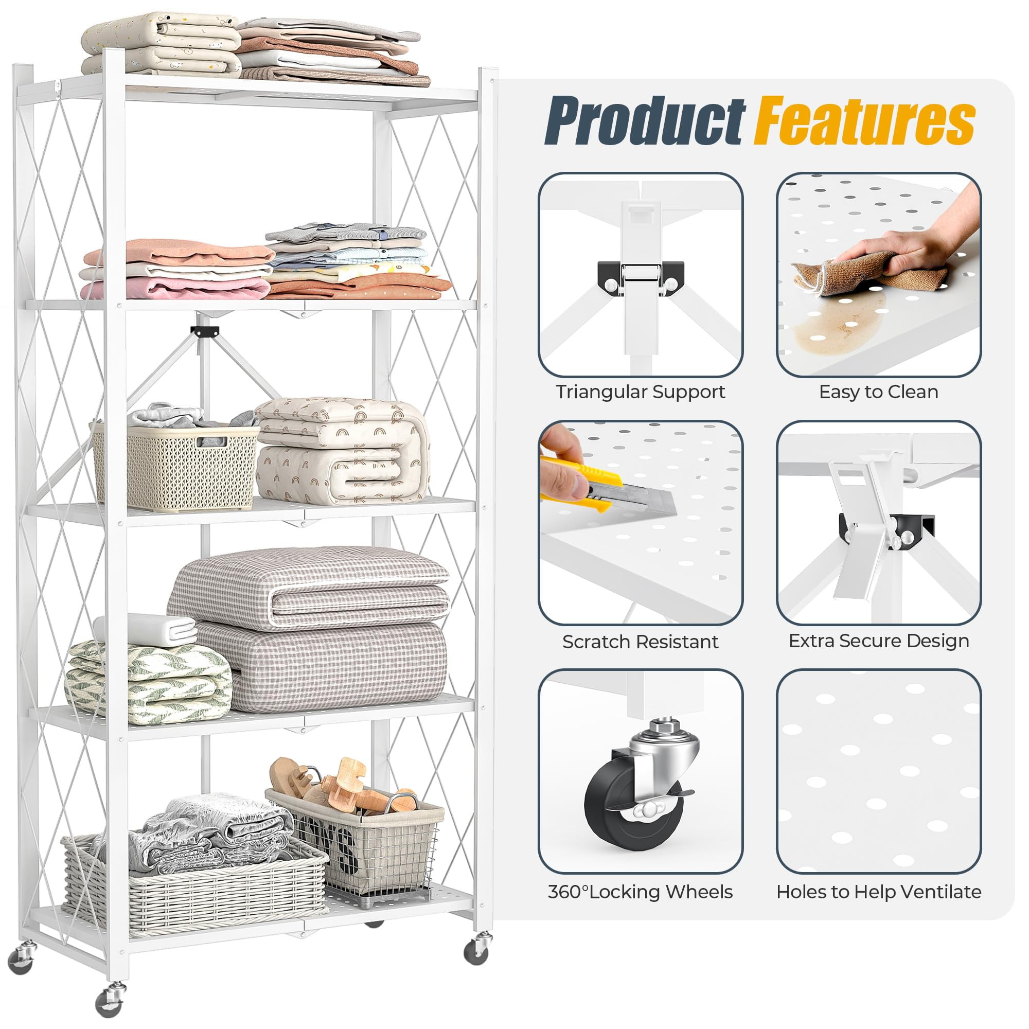 Furnibear 4 Tier Folding Storage Shelves with Wheels Foldable Metal Rack Collapsible Shelves for Garage Kitchen Basement Black