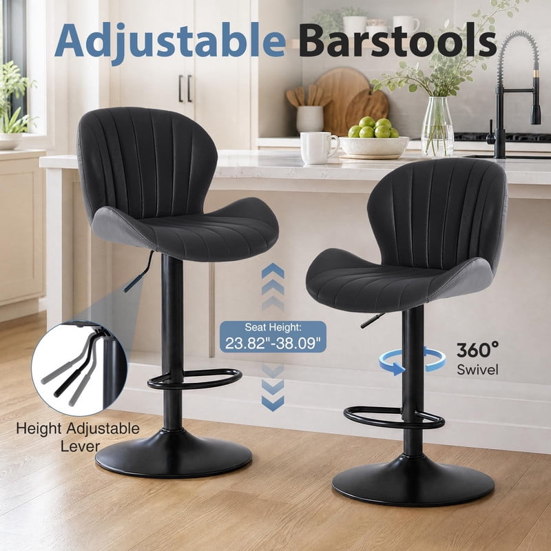 Kelno Swivel Bar Stools Set of 2 Adjustable Height Linen Seat with Backrest 360° Swivel for Kitchen Island, Black