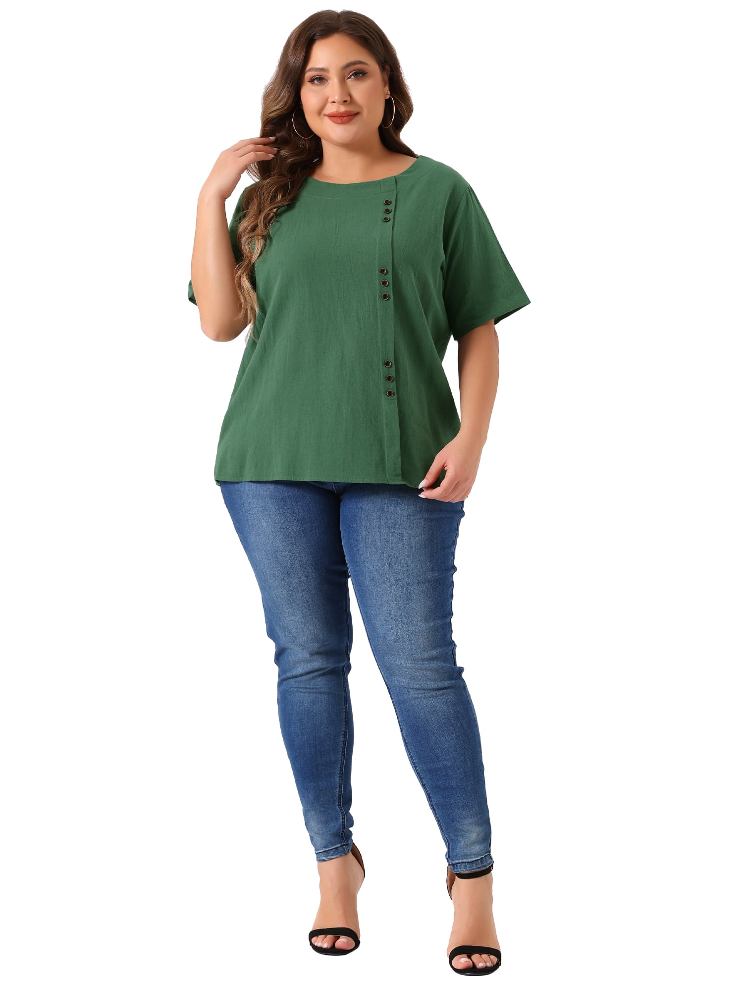 Women's Plus Top Short Sleeve Crew Neck Cotton Linen Blouses Top T Shirt 3X Army Green