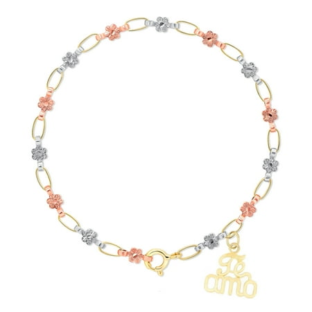 14K Gold Te Amo Charm Bracelet, Tri-Color Flower Chain, 5.5"-6" Adjustable, Kids Jewelry