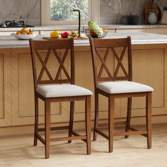 Dayalane Farmhouse Bar Stools Set of 2, 24" X Back Wood Upholstered Counter Height Barstools for Kitchen Island, Cafe&Bistro, Pub, Dining Room,